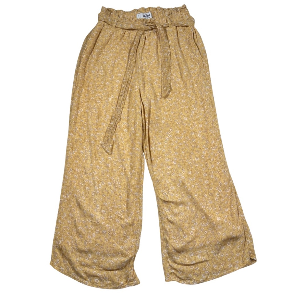 Hollister womens S yellow floral lined Wide Leg, flowy pants paperbag waist Boho